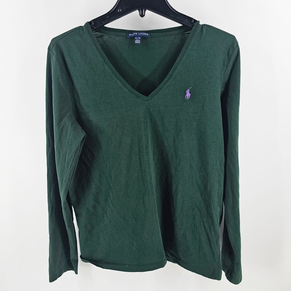 Ralph Lauren V-Neck Top Women XL Green Long Sleeve Pony Logo